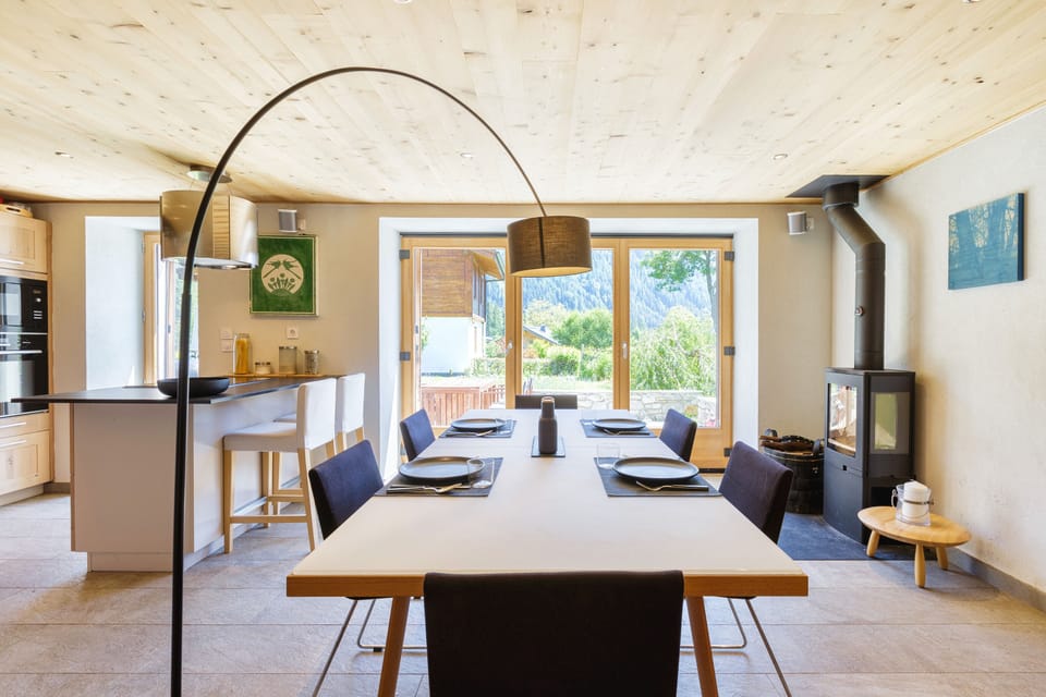 Wood burning stove in dining area