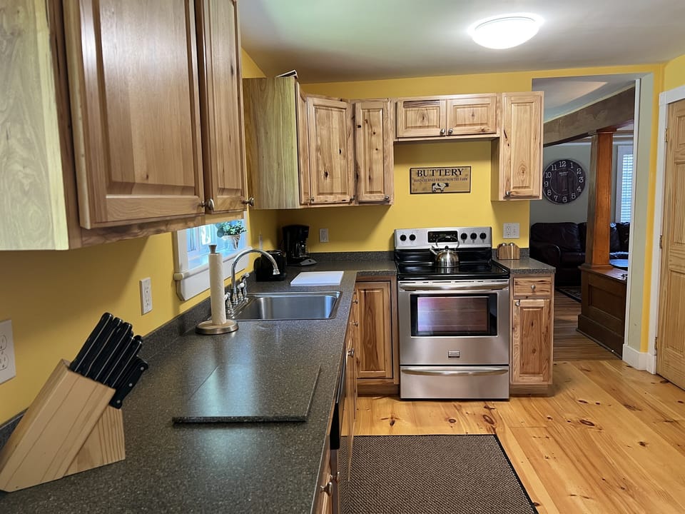 Kitchen with stainless steel appliances.