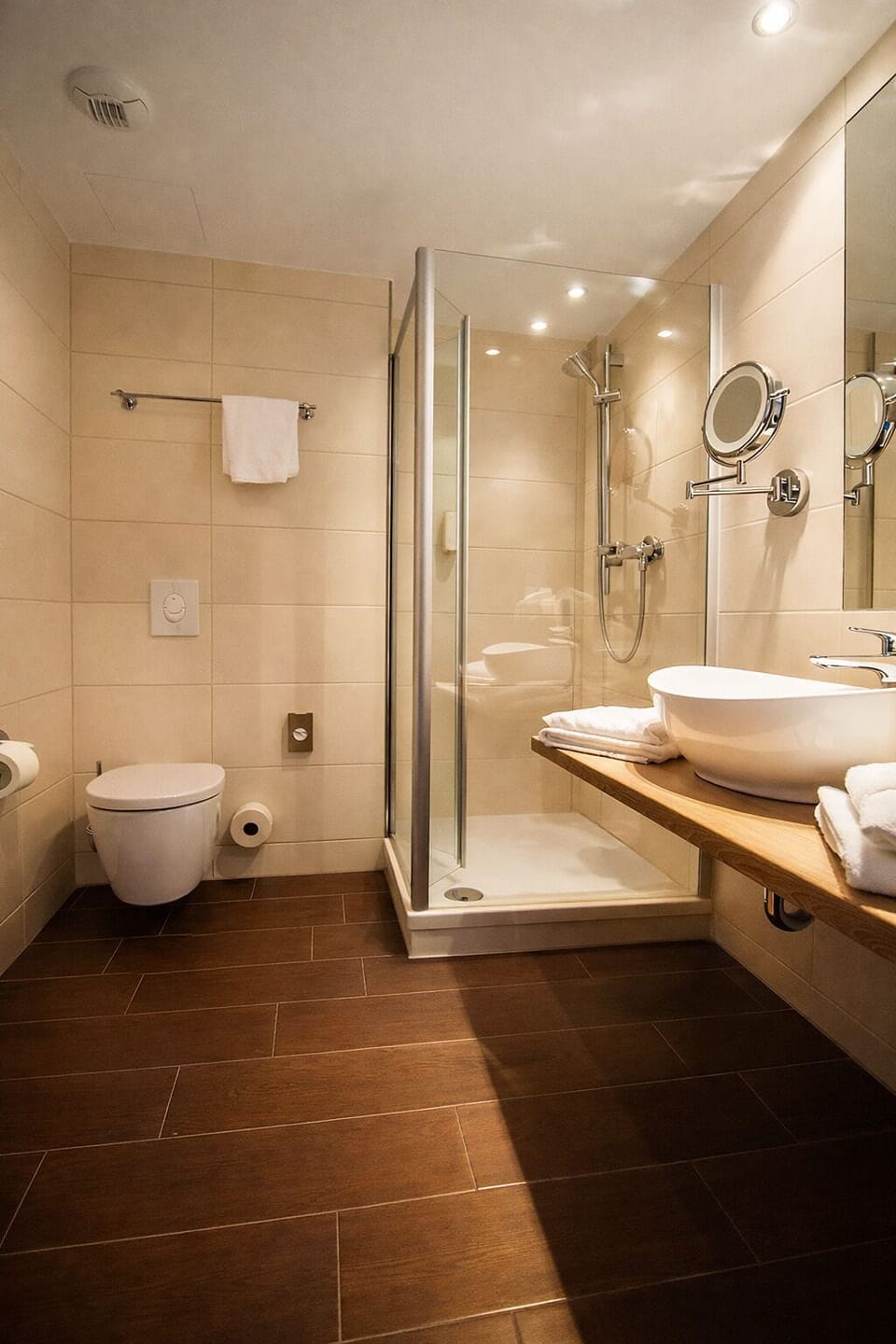 Shower, rainfall showerhead, hair dryer, bathrobes