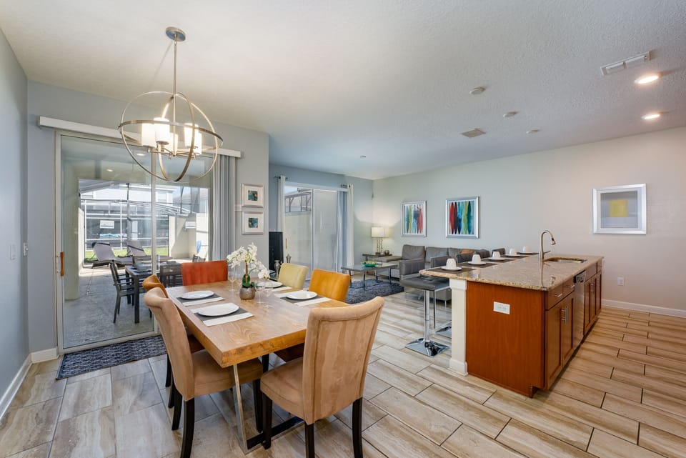 Downstairs open floorplan showing kitchen, living and dining rooms