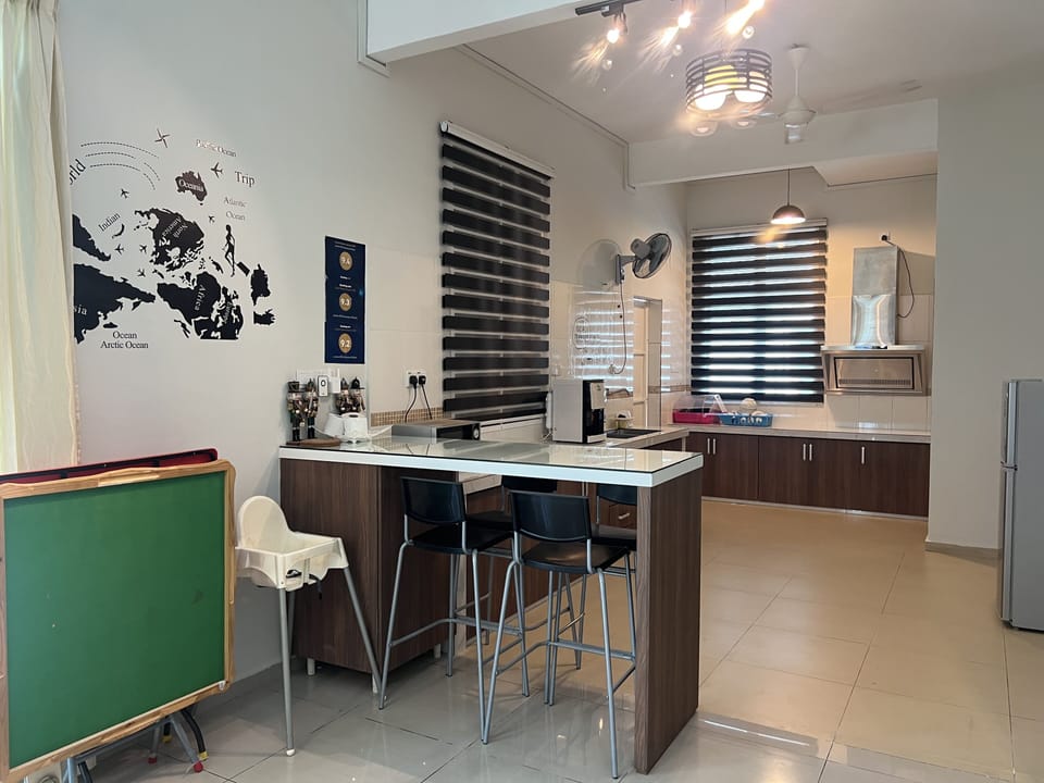 Fridge, microwave, cookware/dishes/utensils