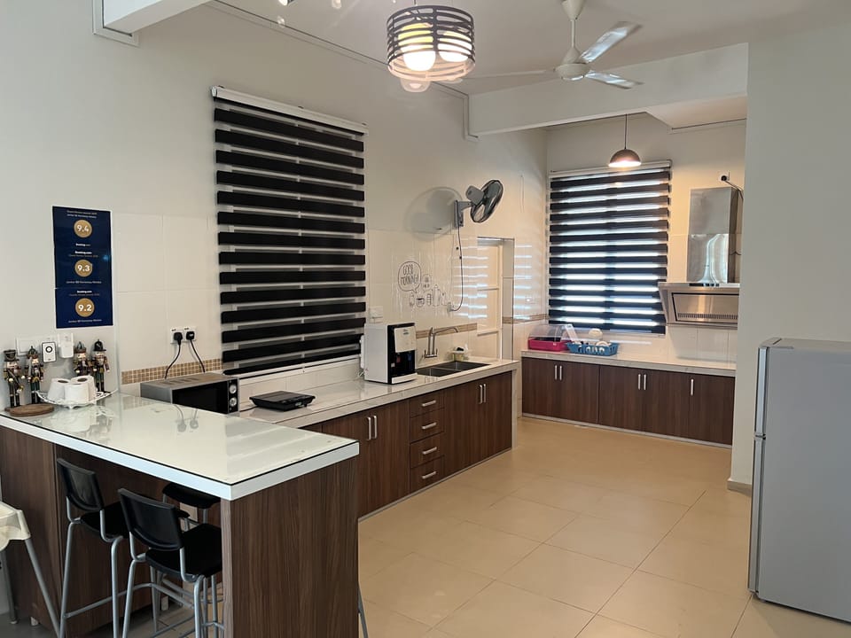 Fridge, microwave, cookware/dishes/utensils
