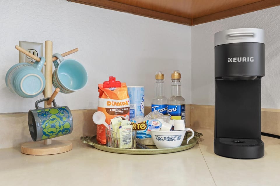 Fully Stocked Coffee Bar with Available Hot Tea choices as well as Hot Cocoa!