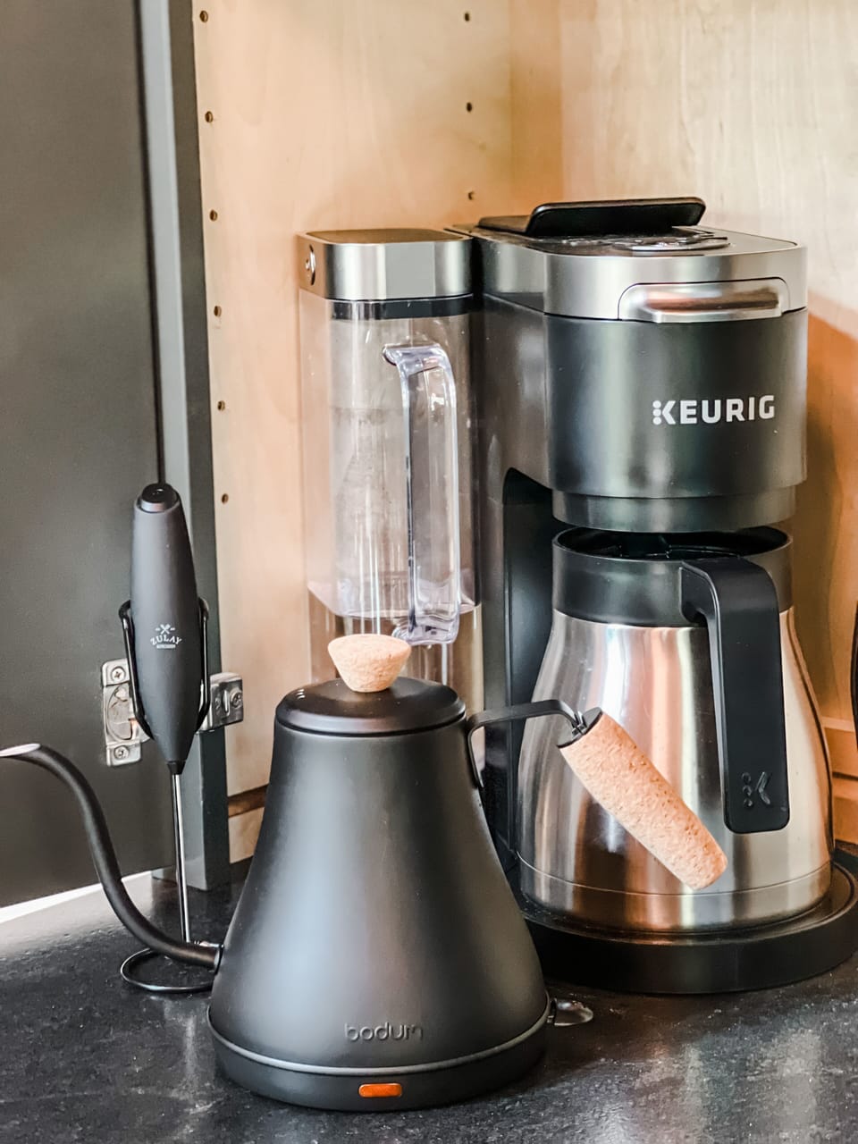 Coffee and kettle accommodations. Keurig makes single serve kcup or 12 cup drip