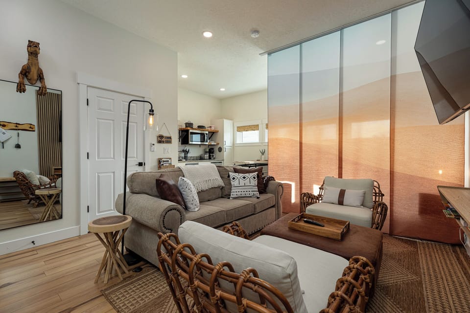 View of the living room with the divider closed.