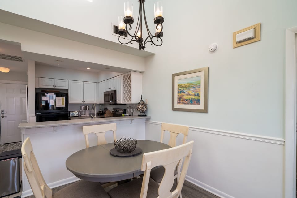 The dining table seats four