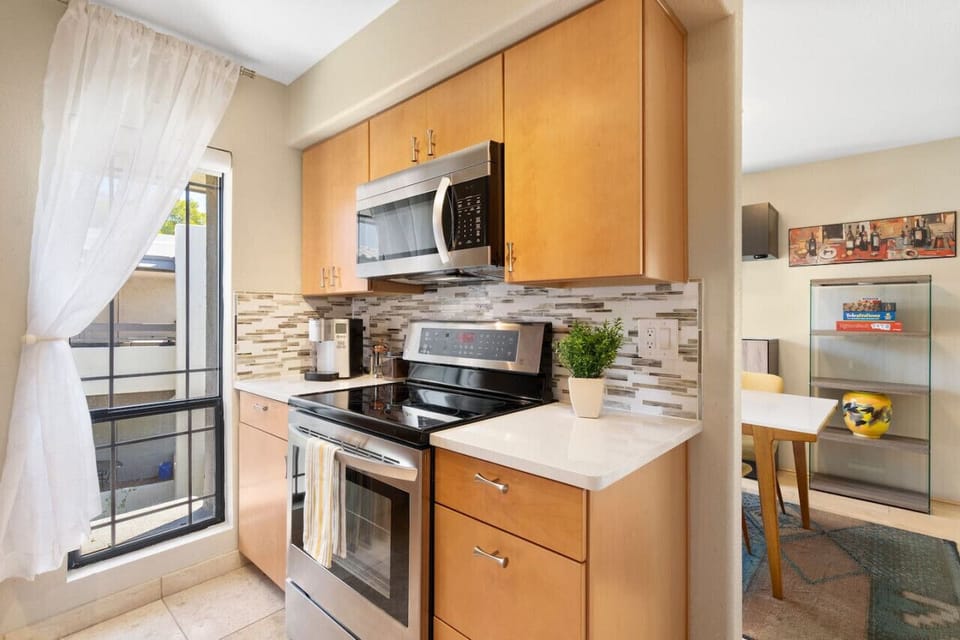 Natural light and plenty of space fills the kitchen