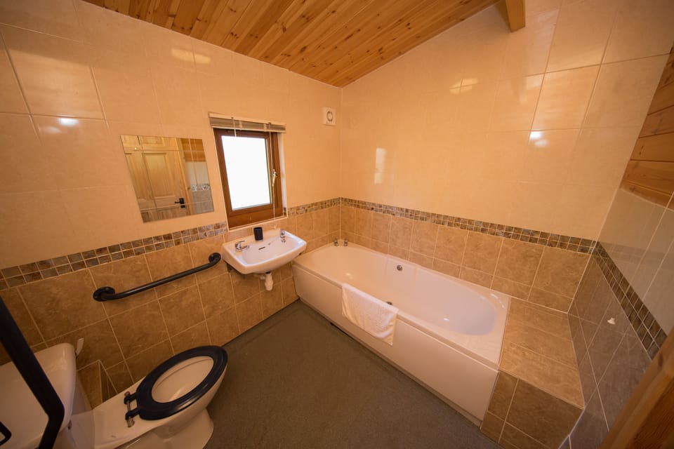 Bathroom with bath, sink and toilet with fixed grab bars