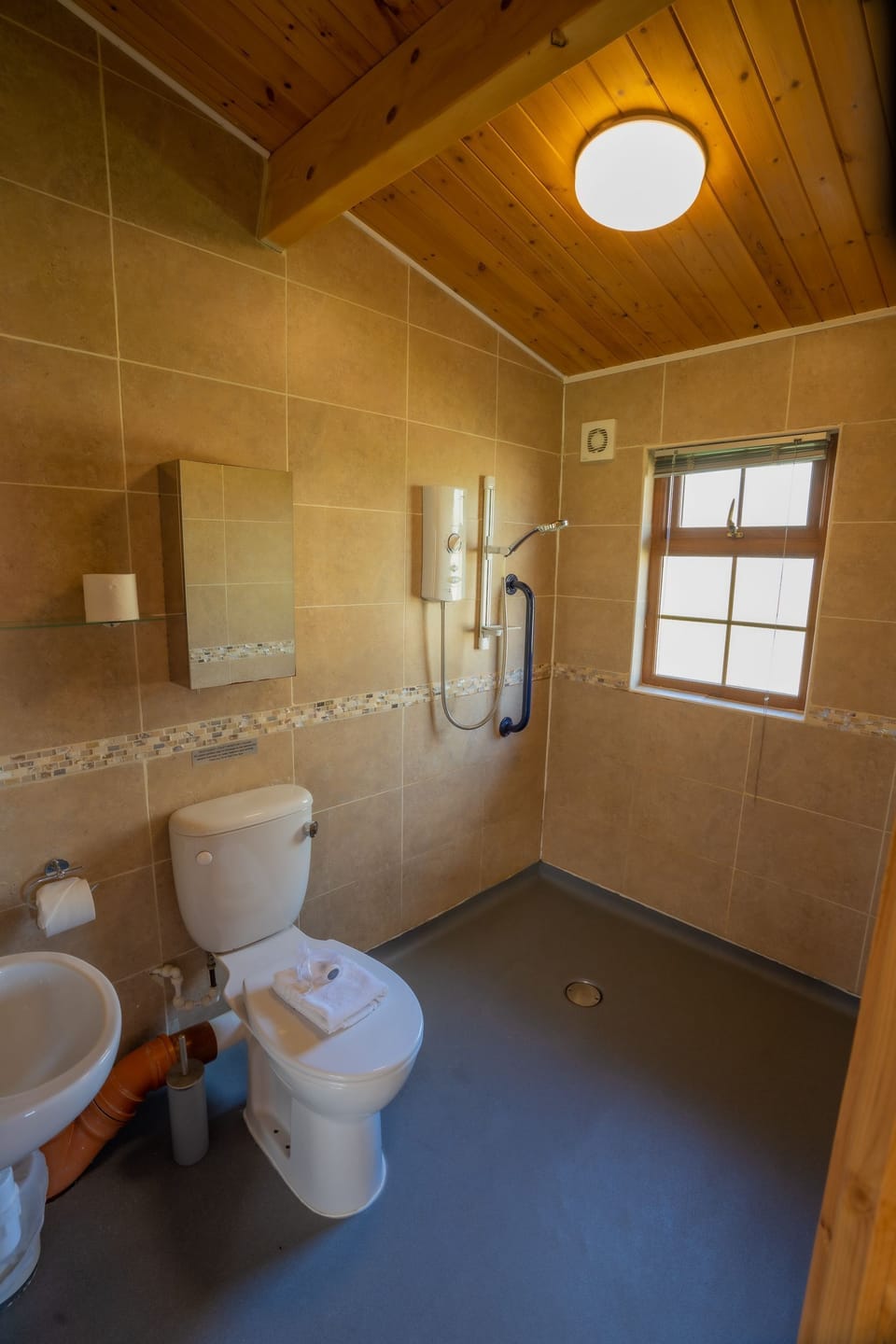 Wet room with sink, toilet, shower with fixed grab rails