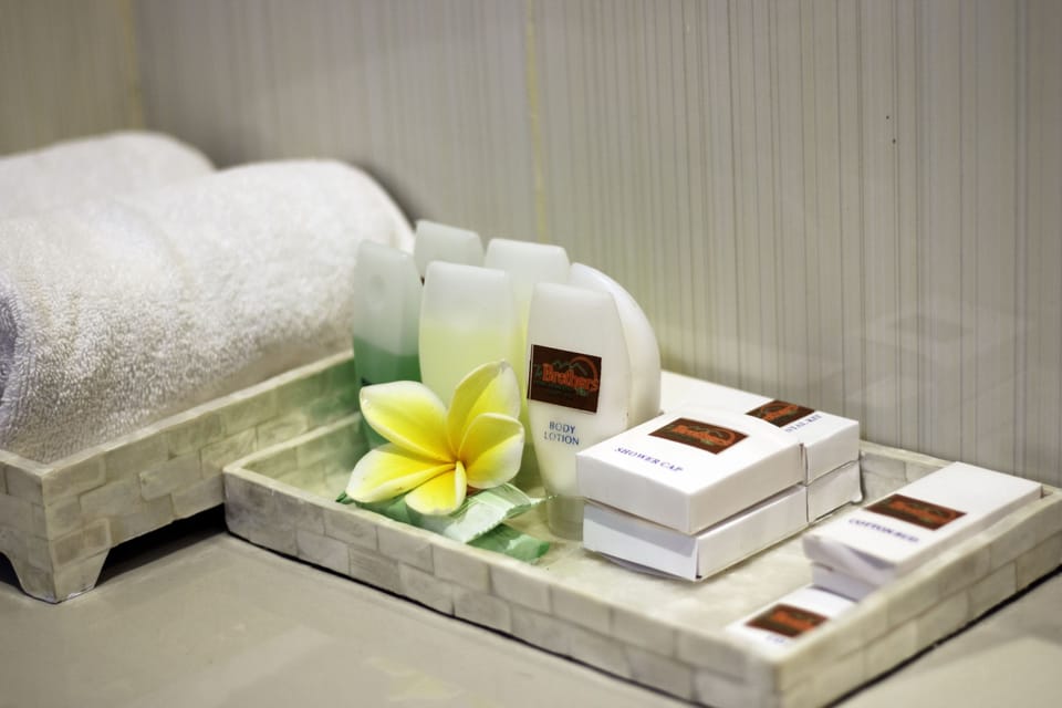 Shower, designer toiletries, hair dryer, towels