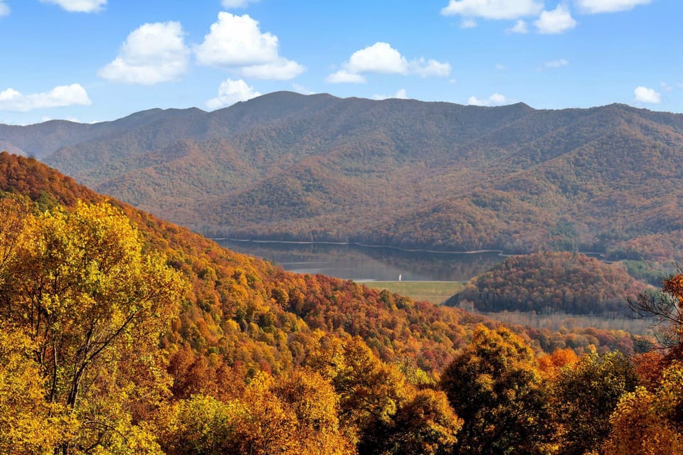 Stunning view of the Blue Ridge Mountains & Lake Burnett Reservoir in the Fall.