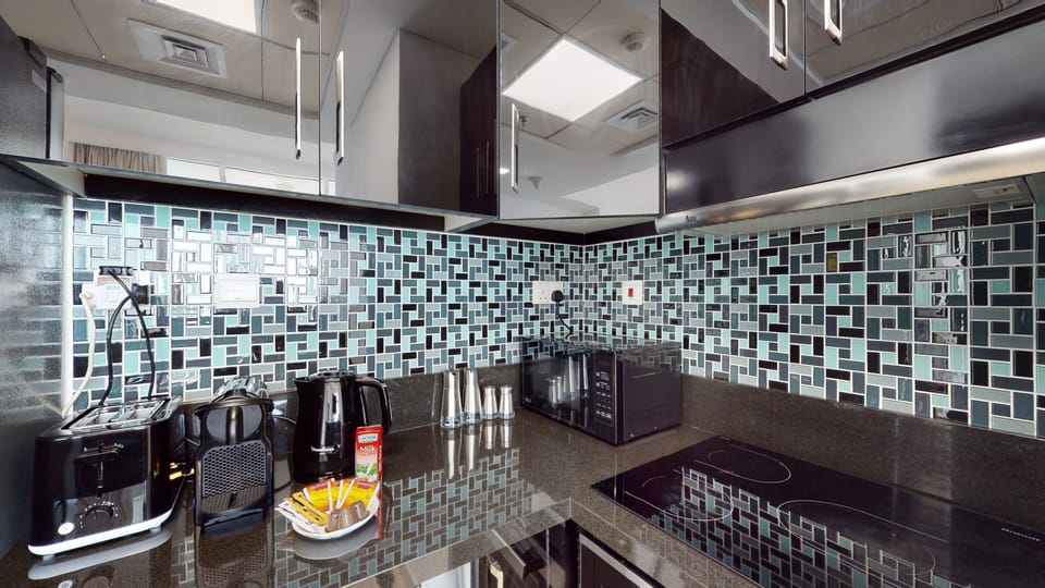 Exclusive Apartment | Private kitchen | Fridge, microwave, oven, stovetop