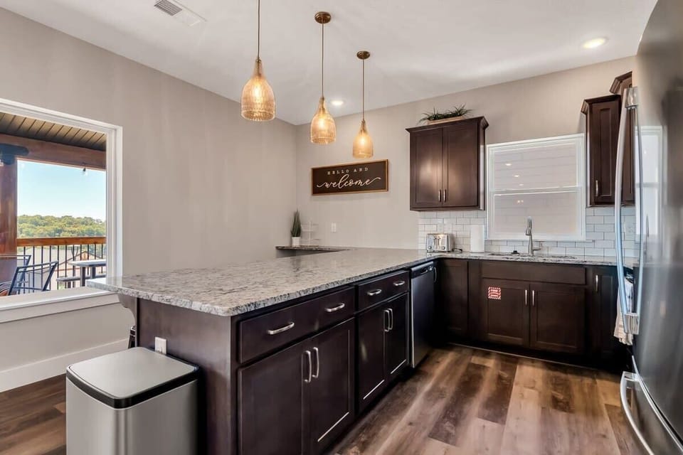 The kitchen is just around the corner and stocked for cooking!