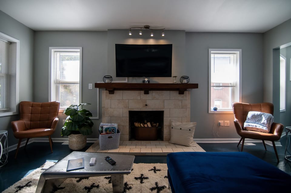 The fireplace mantle has a portable blue tooth speaker for your enjoyment