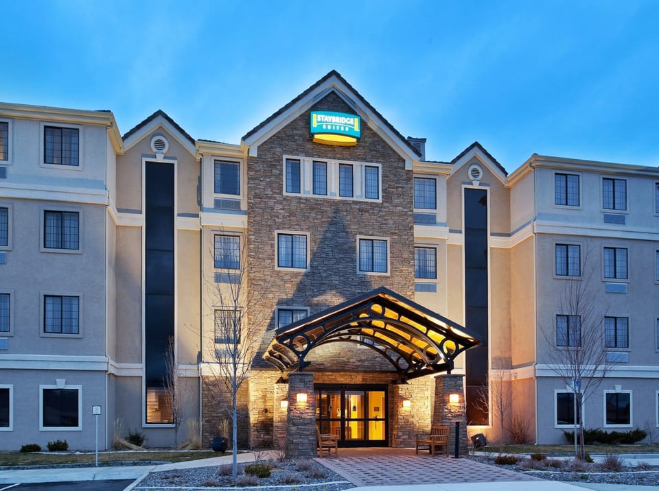Hotel building exterior with distinctive architectural facade.