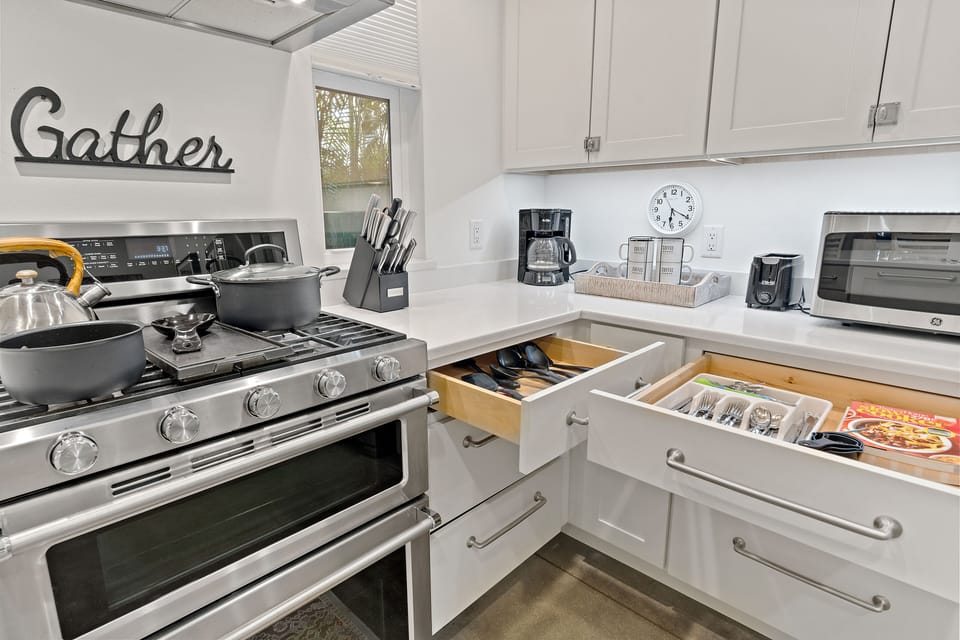 The kitchen is fully-stocked with whatever you'll need to make your favorite dinners while at the Coastal Cottage.