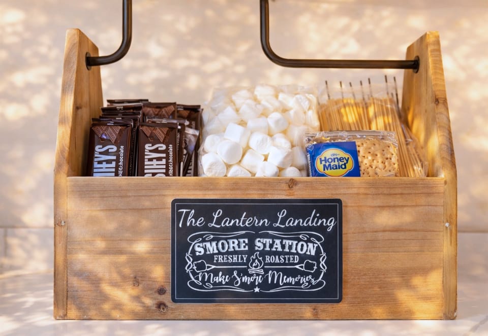 A S’mores station adds a touch of fun, making it easy to enjoy sweet treats around the fire pit.