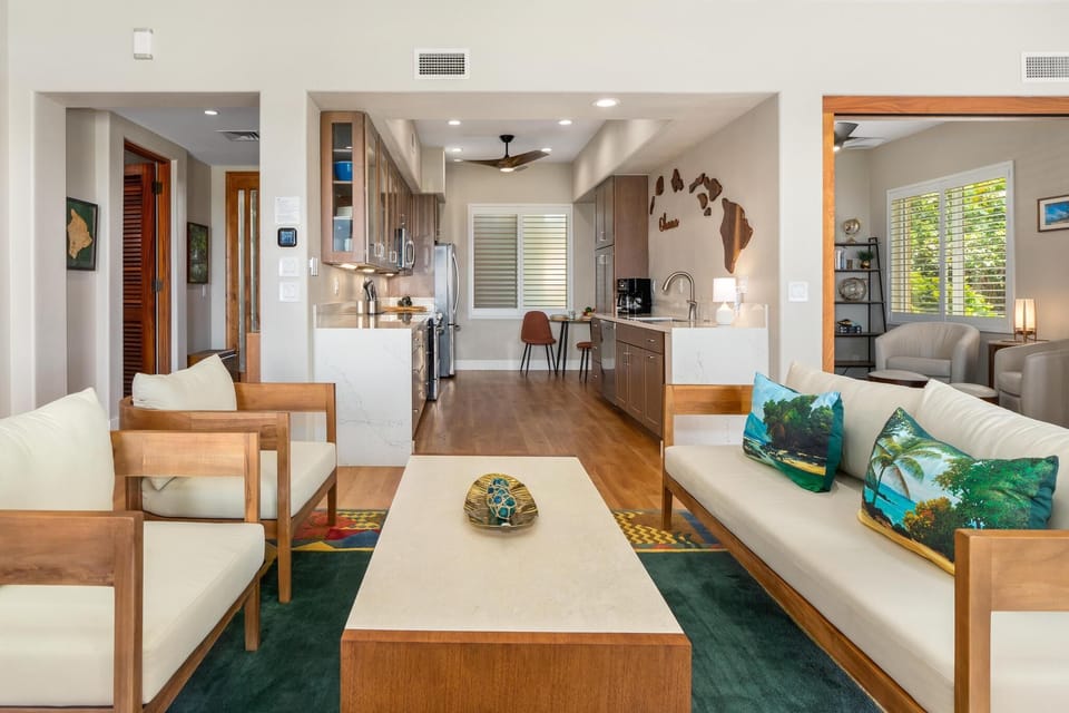 Bright, spacious living room with ocean views