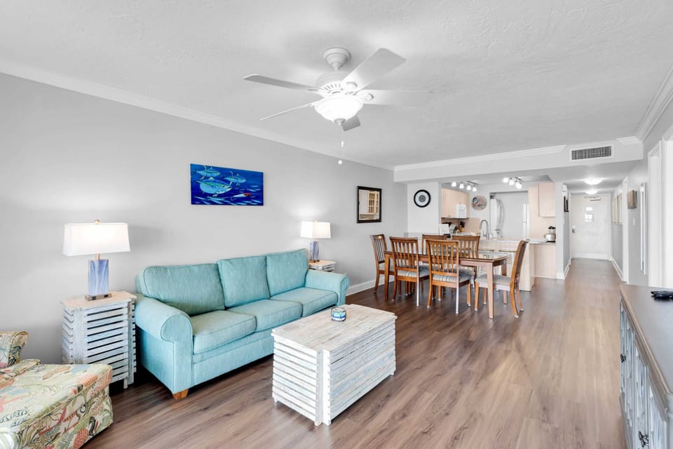 Living Room with Water View, Full Dining Table, Large Smart TV