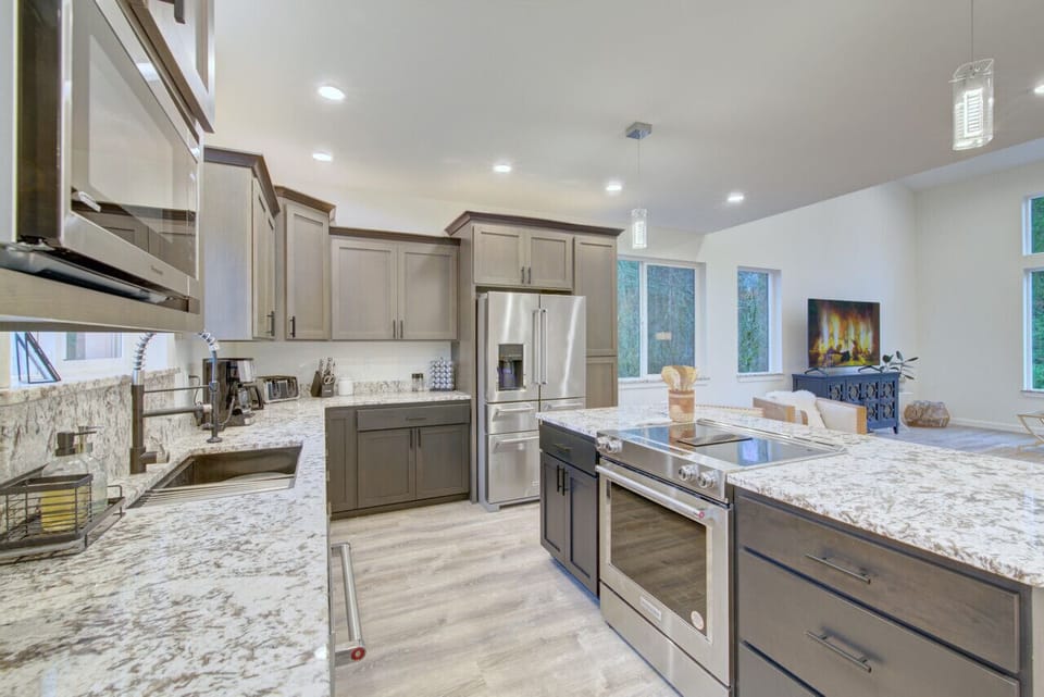 The glorious upper floor kitchen opens out to the great room