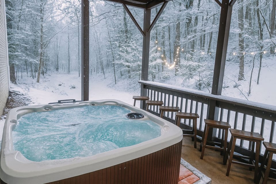 Hot tub warmth, mountain snowfall, and quiet forest views.