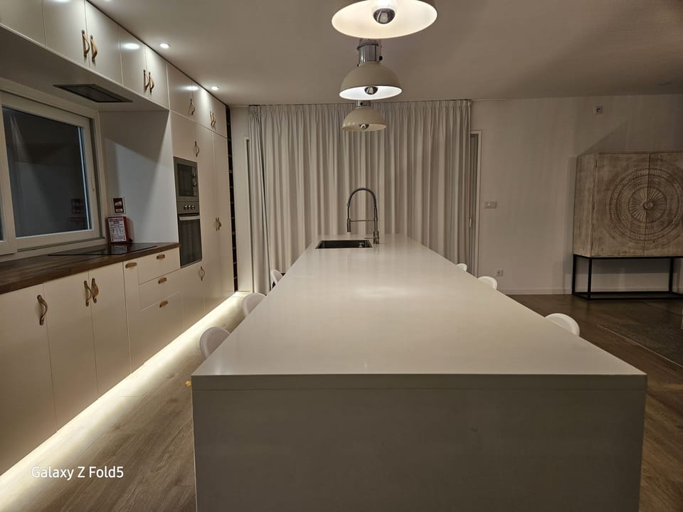 Long kitchen island.