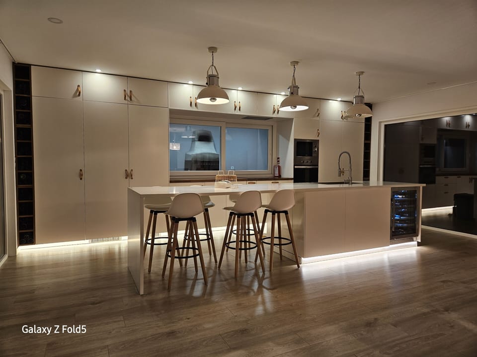 Kitchen island (6 persons) with refrigerated wine cellar. BBQ on back window.