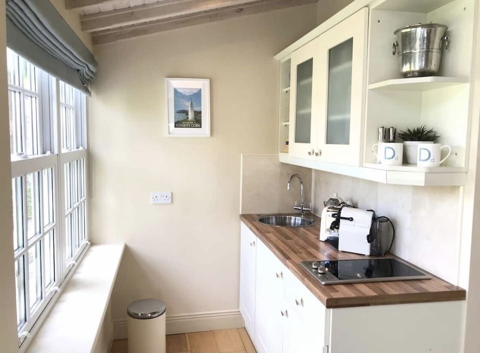 Kitchenette, coffee maker, kettle, hob, toaster, microwave, fridge.