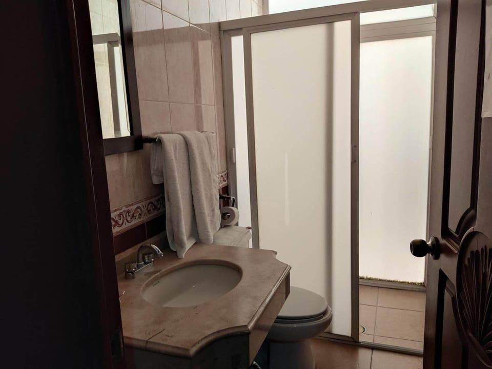 Shower, free toiletries, hair dryer, towels