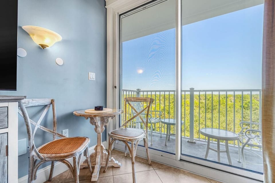 Seating for two and balcony view