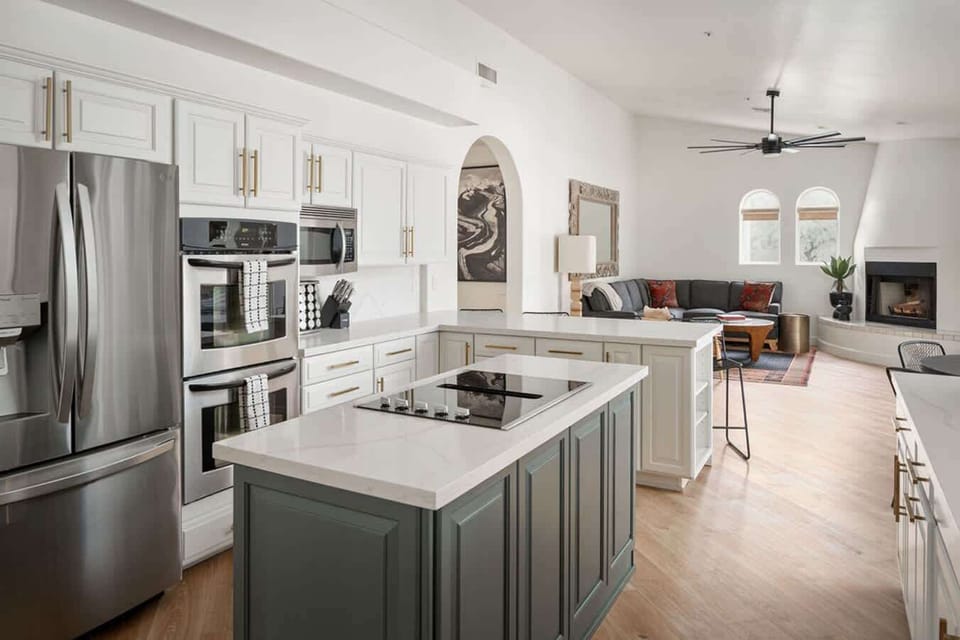 Modern kitchen,  stainless steel appliances.