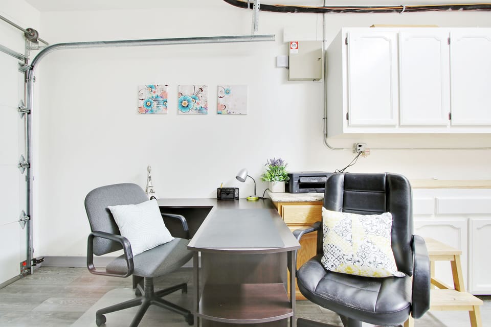 Work station/office in converted garage. 