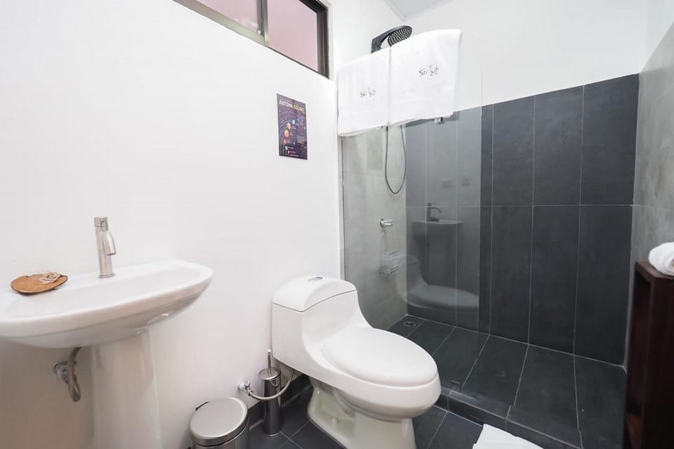 Shower, free toiletries, hair dryer, towels