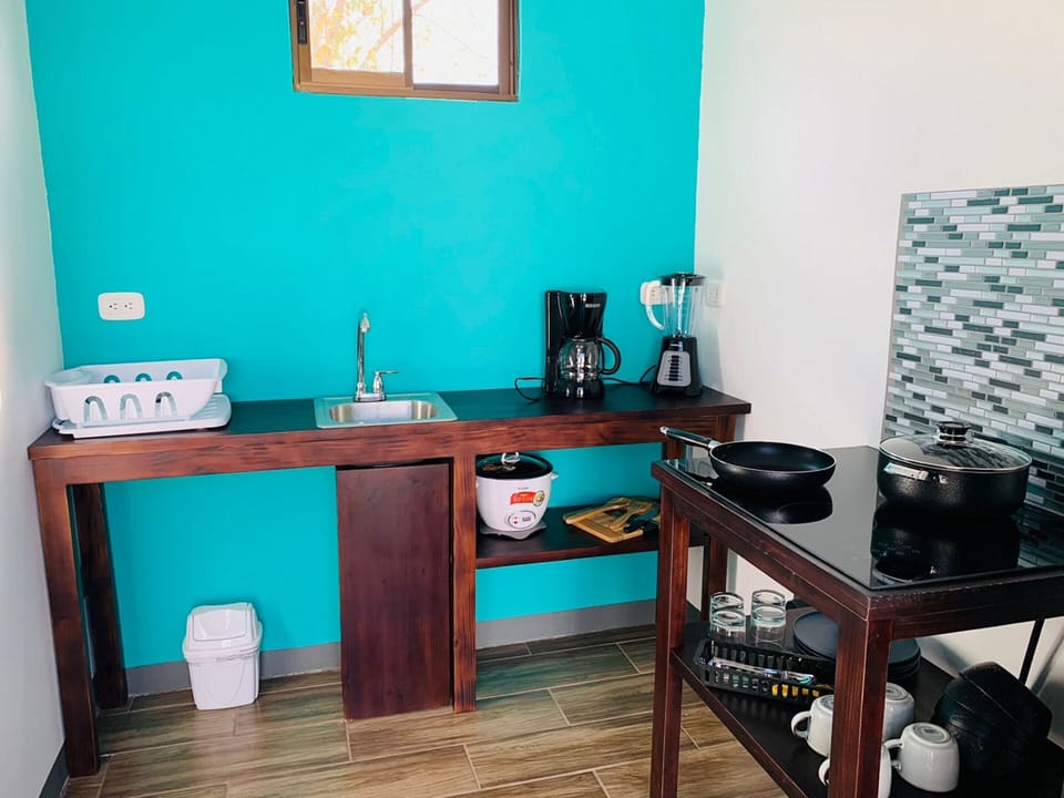 Fridge, stovetop, rice cooker, cookware/dishes/utensils