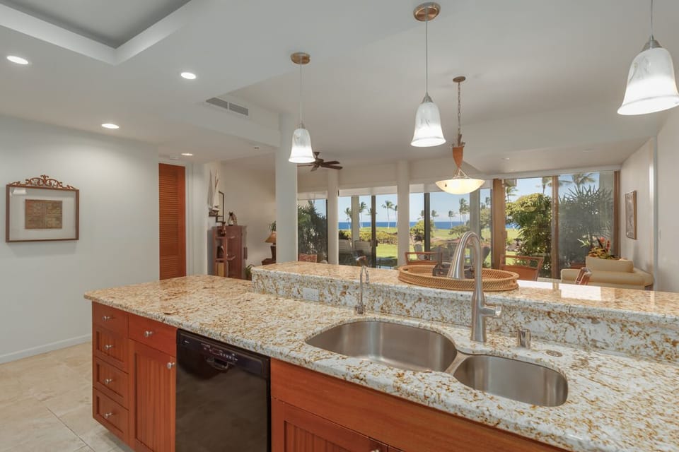 Kitchen has a view of the ocean