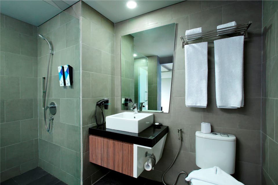 Shower, free toiletries, towels