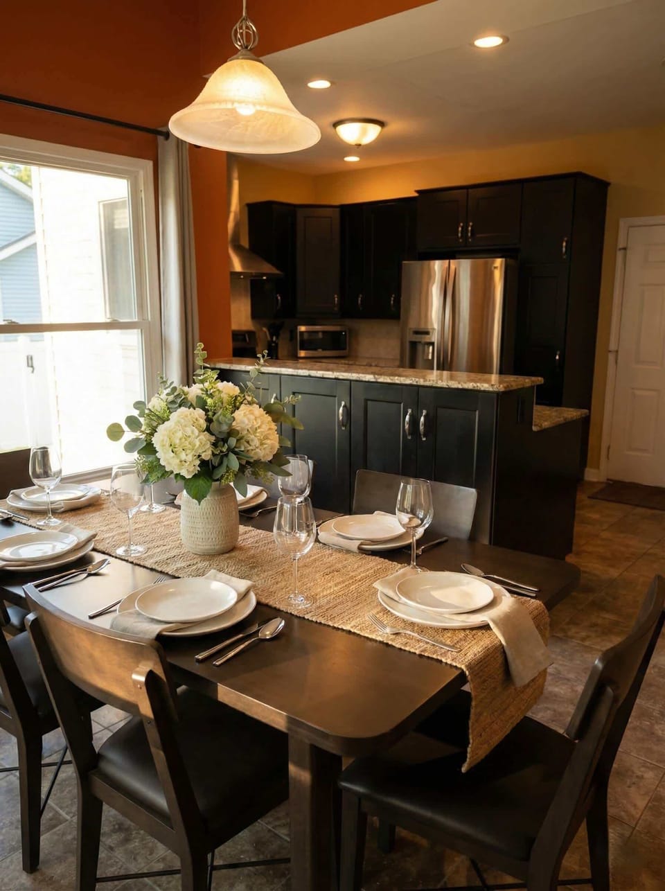 Dining area with set table, pendant light, and kitchen nearby.