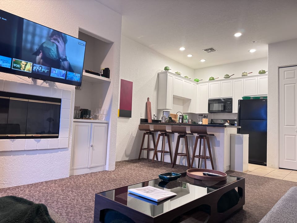 Gas fireplace that turns on with a knob. 55" cable TV with premium channels - or feel free to log into your favorite streaming channels. 