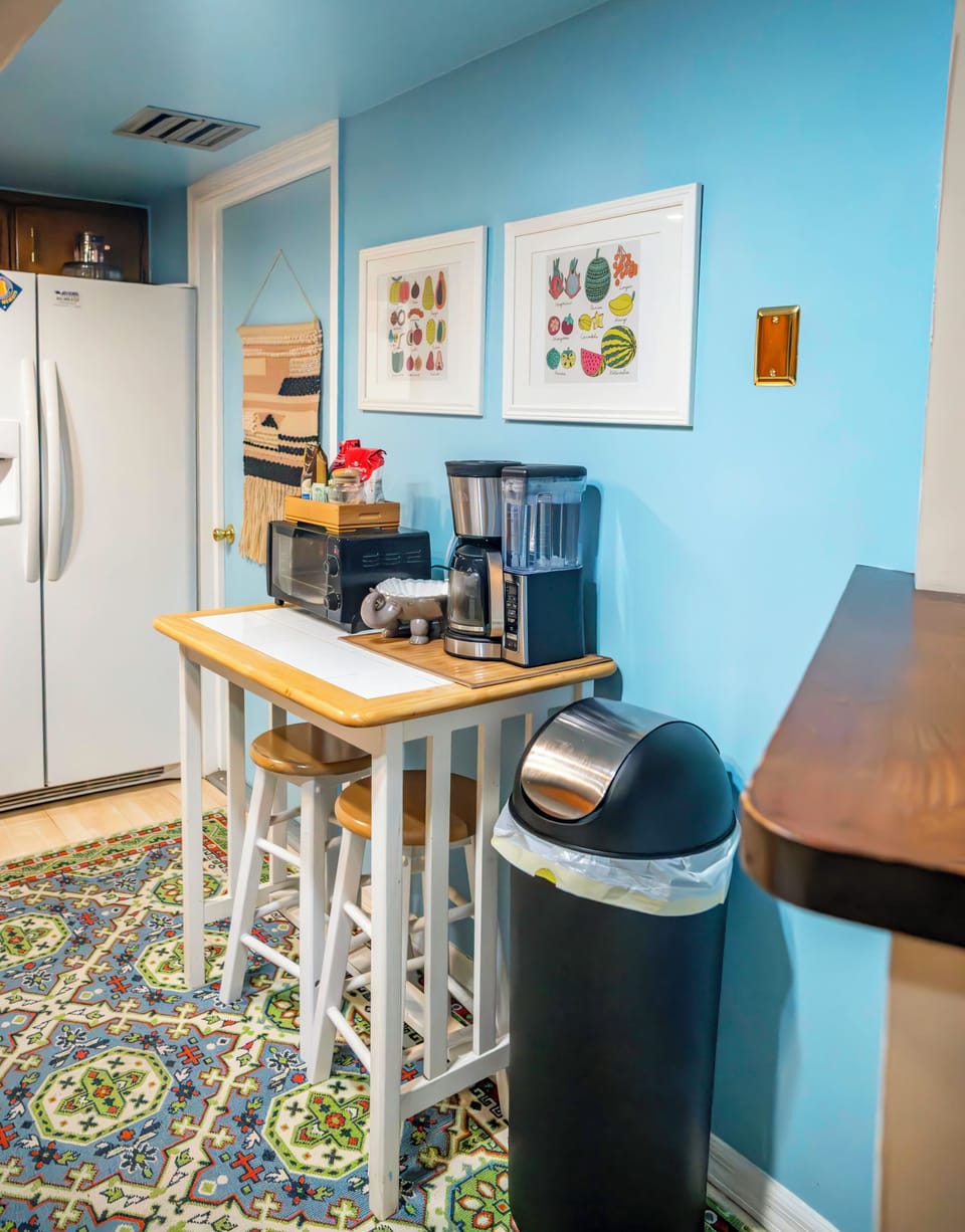Coffee station. Door in this photo is garage access to the washer and dryer