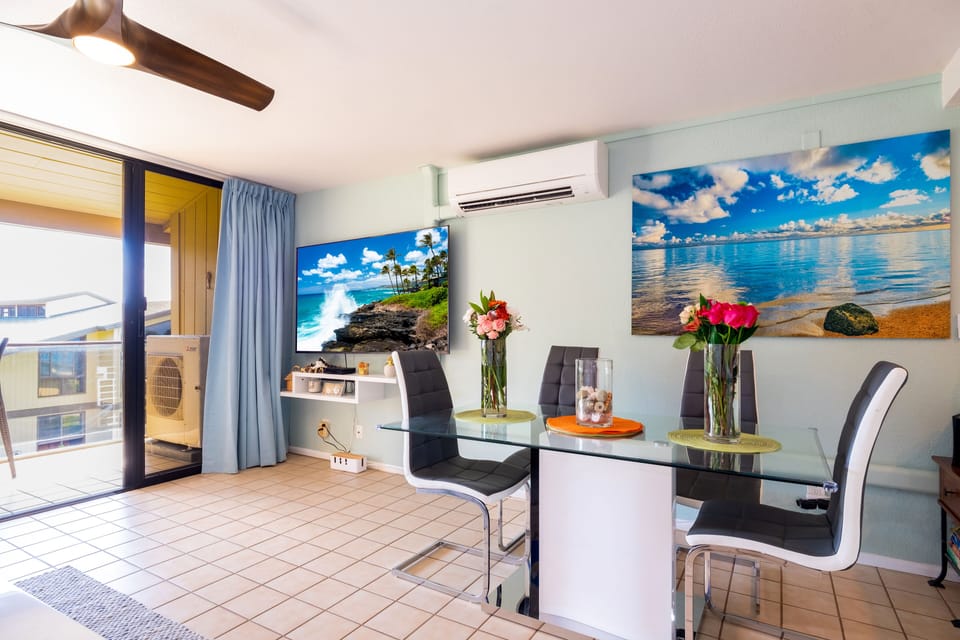 Beautiful living area with new split AC and 75 inch TV