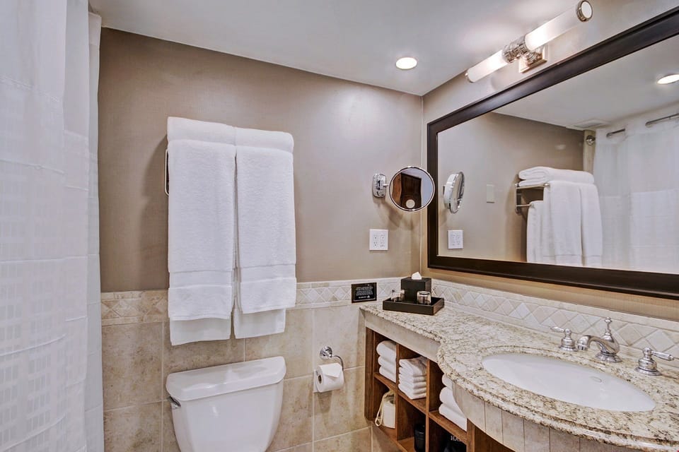 The spacious and modern bathroom features stylish décor.