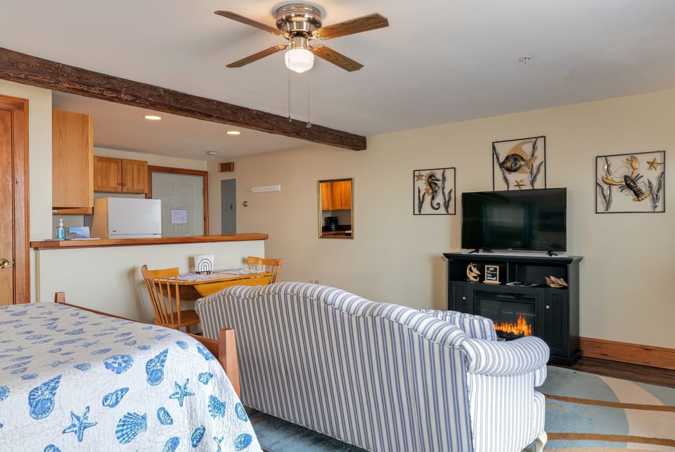 Living room area - Smart TV (includes Hulu Live, Disney+) and electric fireplace.