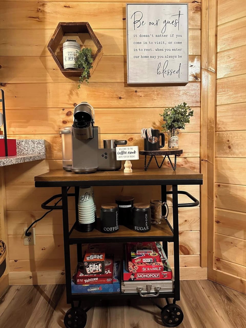 Start your morning off right at the coffee bar! Keurig coffee machine - (also does cappuccinos/lattes). K-cups, sugar packets, and half and half cups provided. 