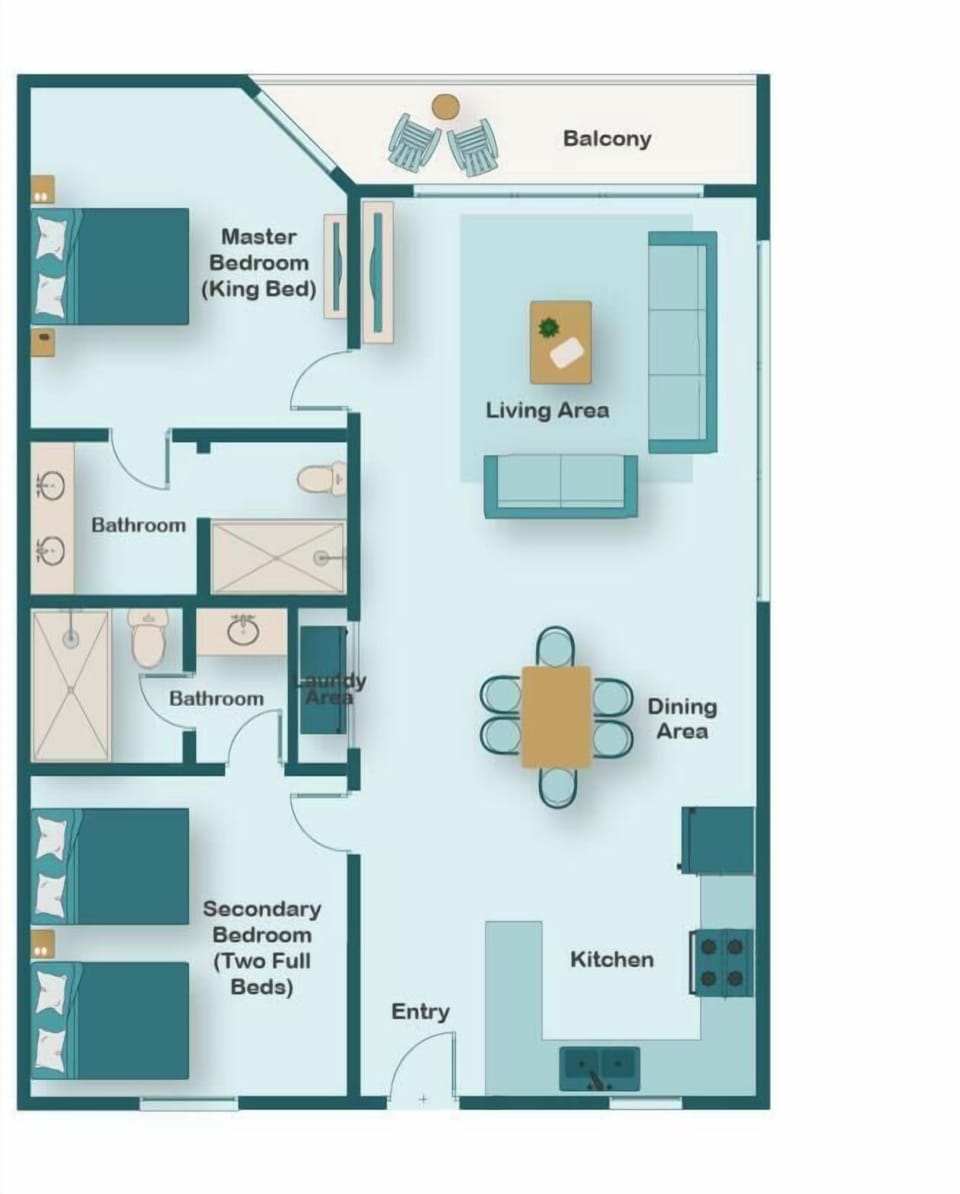 Floor plan for SunDestin 1518. This 15th Floor 2BR/2BA condo at SunDestin is totally remodeled and features new furniture, kitchen, bathrooms, and best of all, panoramic views from the floor-to-ceiling windows and balcony.