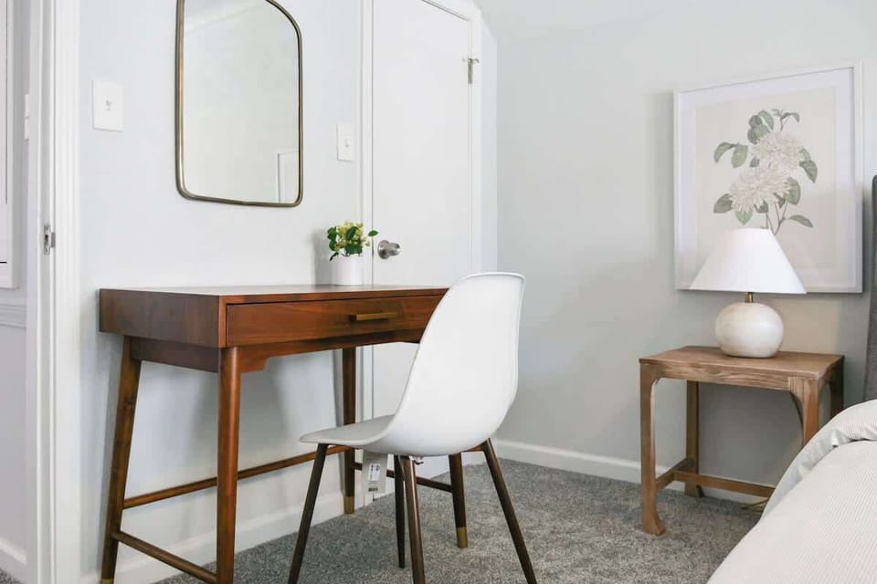Chic and cozy desk nook  Perfect for journaling, work, or a quiet morning coffee. Clean lines, soft tones, and thoughtful touches create a peaceful corner.
