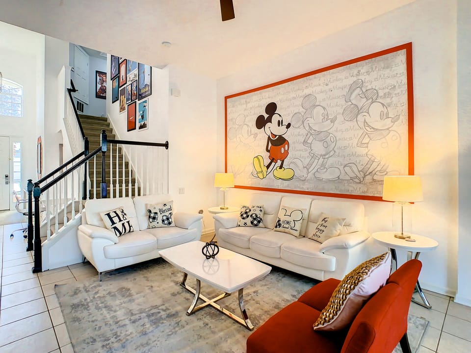 Enjoy the Mickey themed great room..."it was all started by a mouse". 
