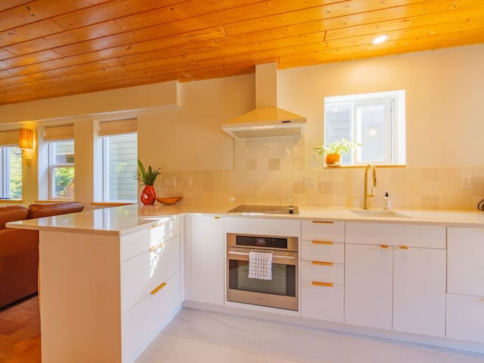 Stove, oven, and hood fan in the kitchen.