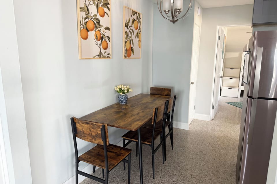 If you get tired of eating out at the many local restaurants, you can eat a home cooked meal  in the dining space, or bring in a meal from Uber Eats delivery!