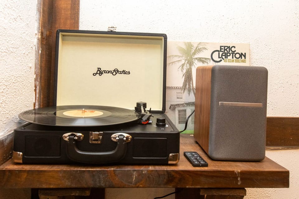 record player in the basement bar area