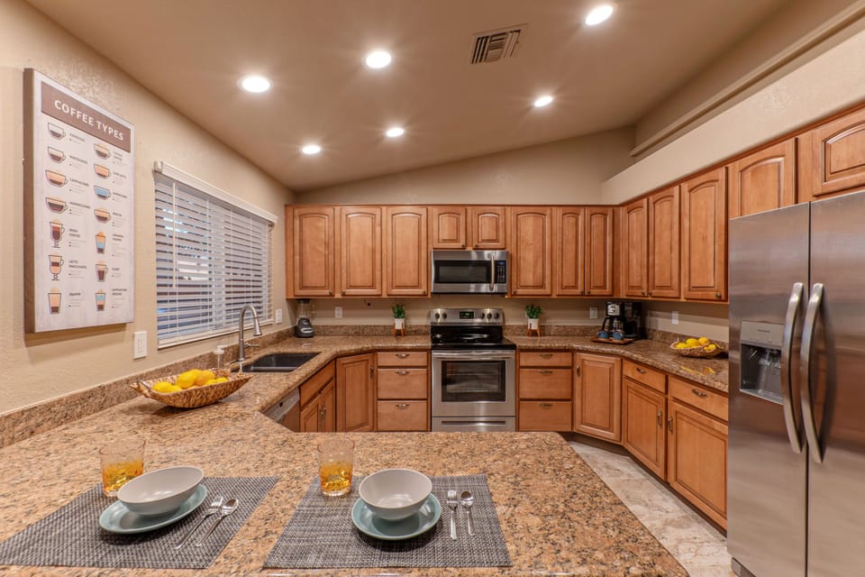 Kitchen is completely stocked with everything you need to prep and serve home cooked meals.